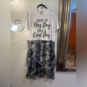 OOAK Upcycled Chiffon layered skirt White and Black Graphic T-Shirt Dress